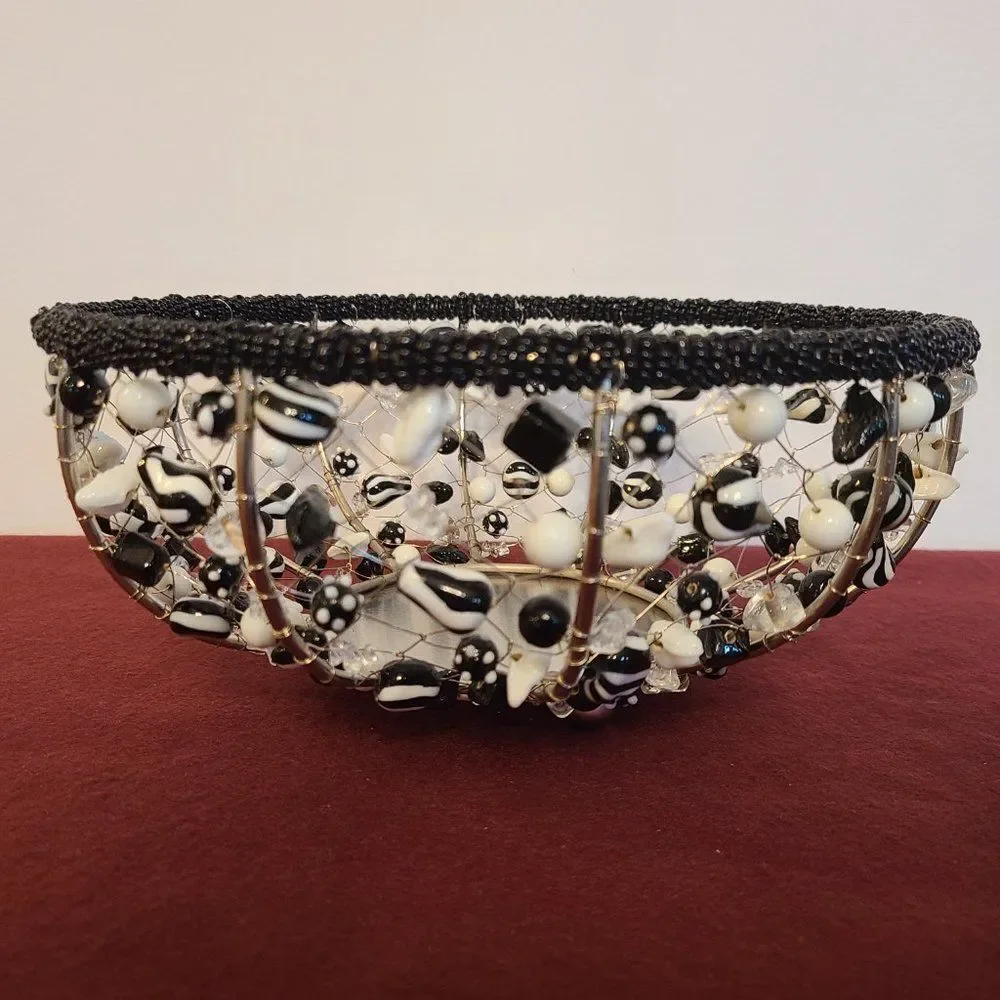 Black and White Metal Wire and Glass Beaded Bowls Baskets Made In India